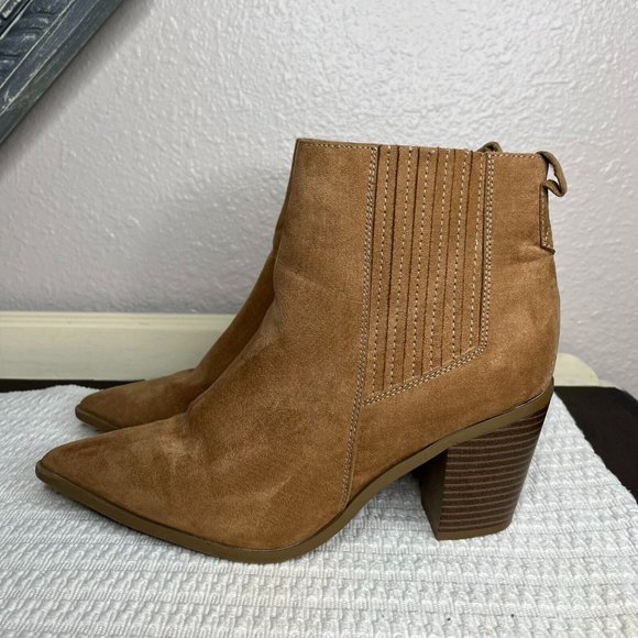 Just Fab Olwen Camel Textile Pointed Toe Zipper Block Heel Ankle Booties Size 8 - Picture 2 of 7